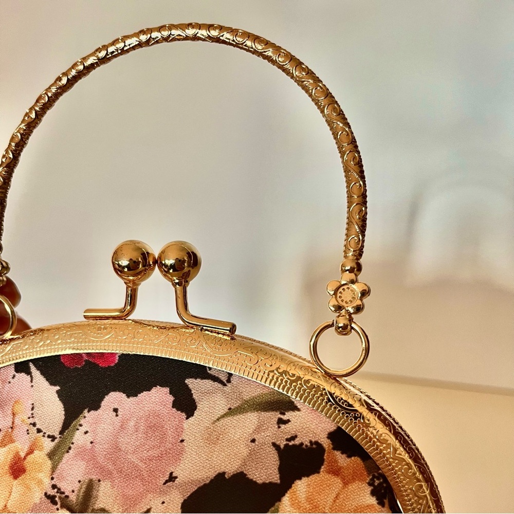 Floral Kiss Lock Clutch Gold Hoop Handle Purse - Picture 7 of 14